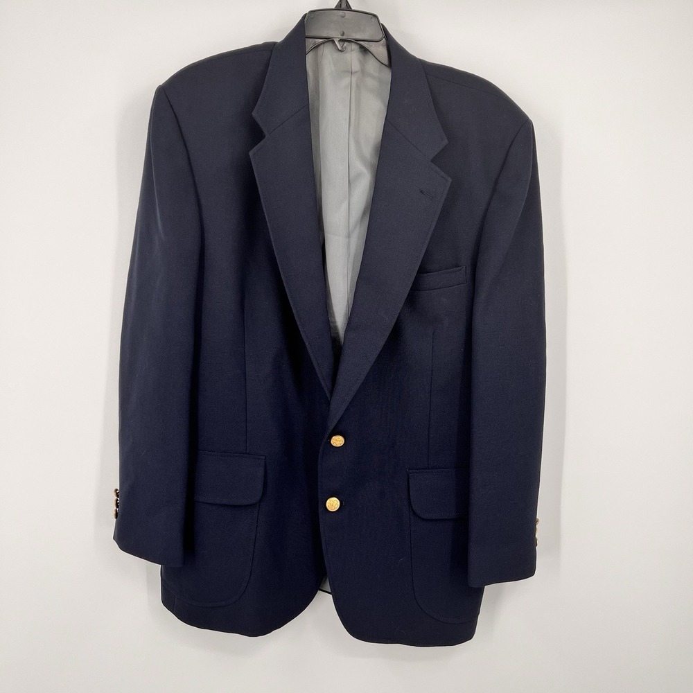 Stafford Men's 43R Navy Blue Double Breasted Blazer Jacket 3 Gold Buttons USA